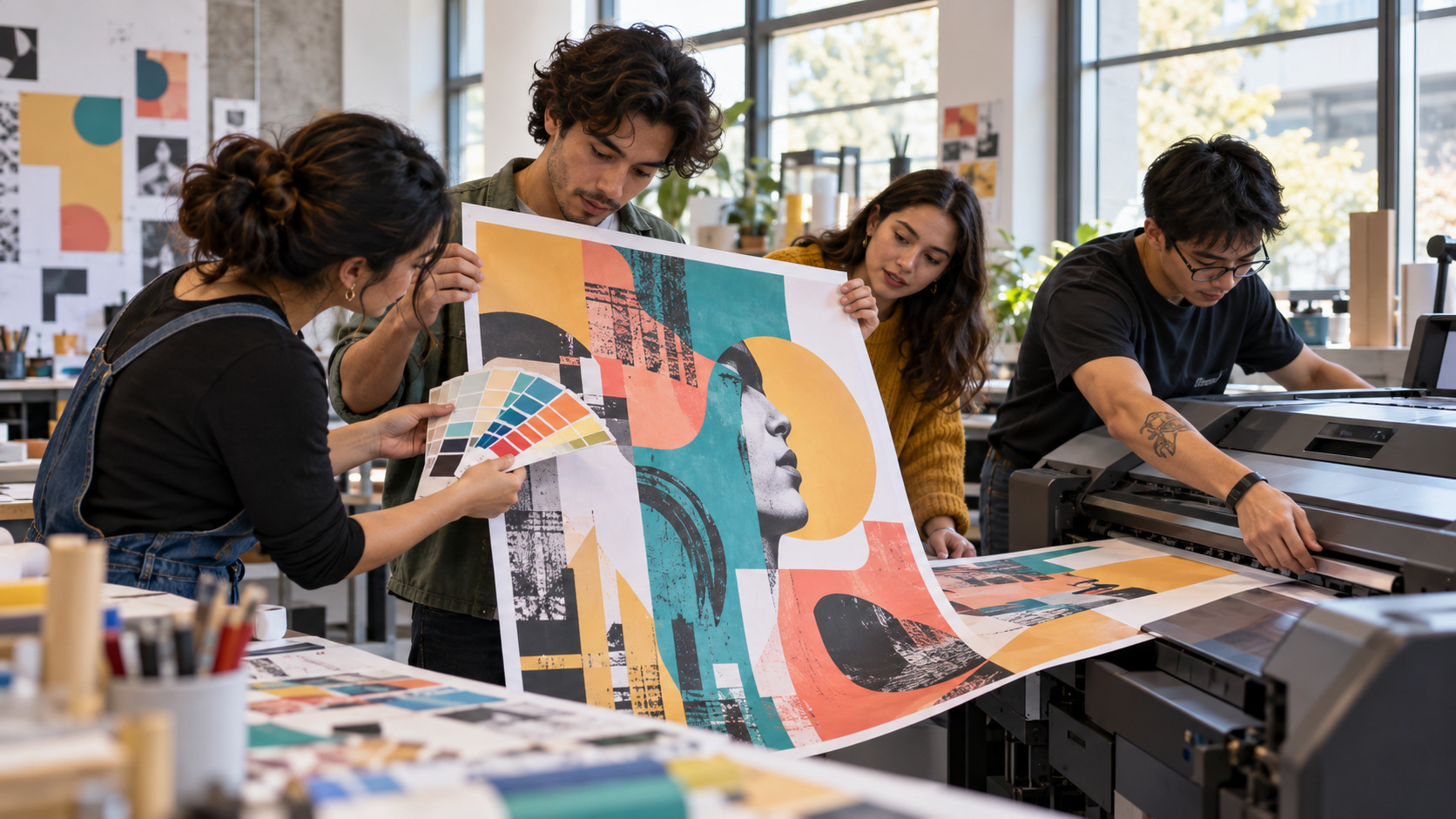 Equipo de diseño y comunicación trabajando con piezas gráficas y una cámara
