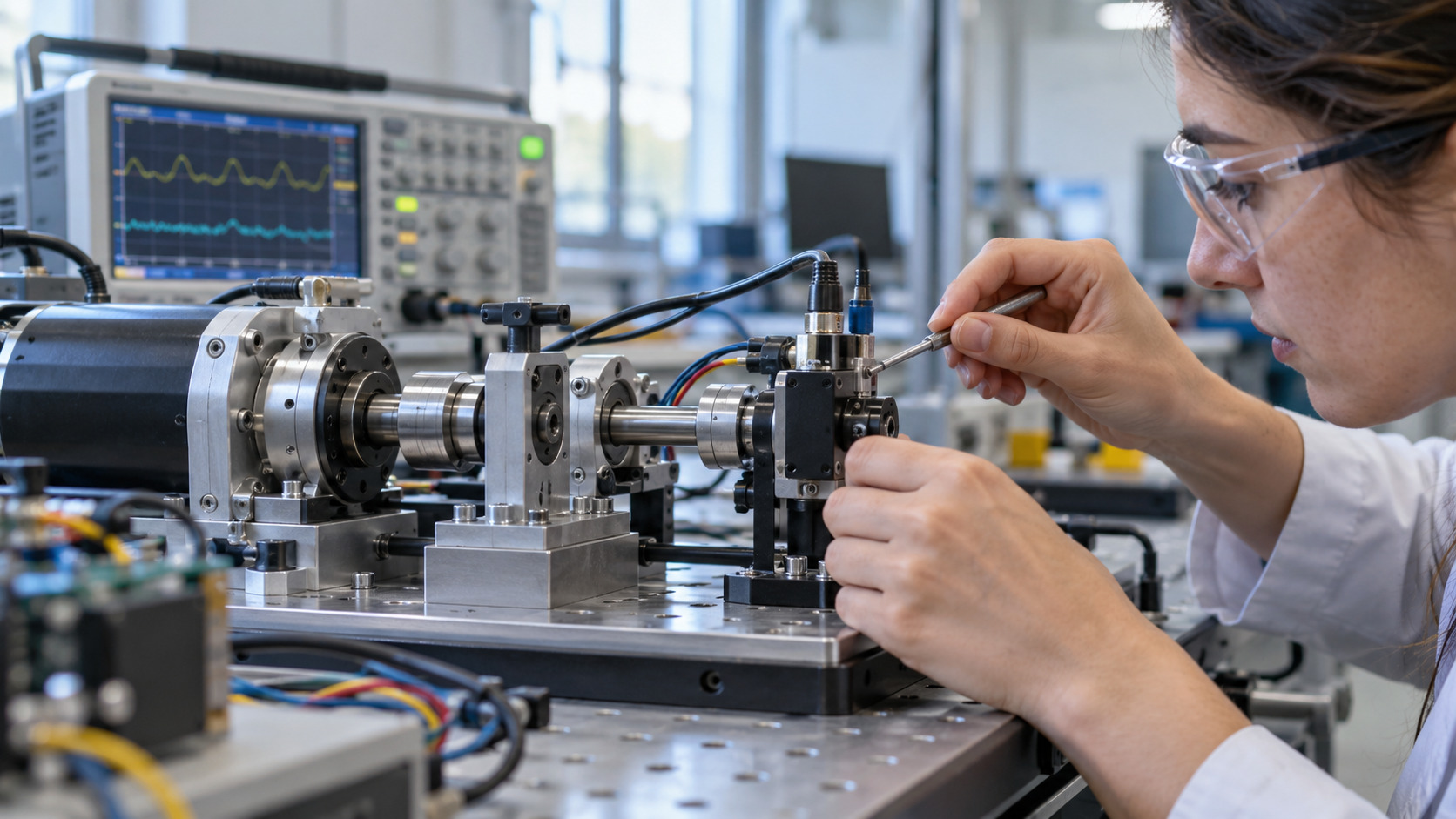 Ingenieros calibrando un prototipo en un laboratorio técnico