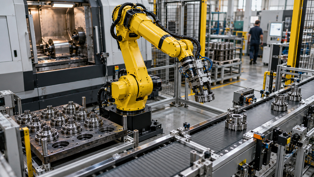 Capacitador y trabajadores de una PYME operando tecnología de automatización industrial