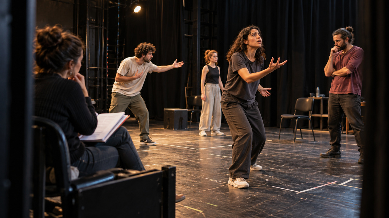 Participantes adultos en un ensayo teatral y taller artístico